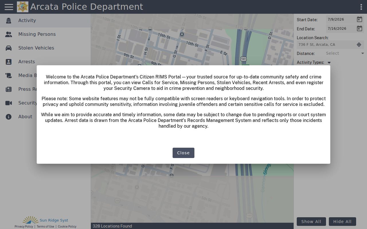 Arcata Police Citizen RIMS public activity portal