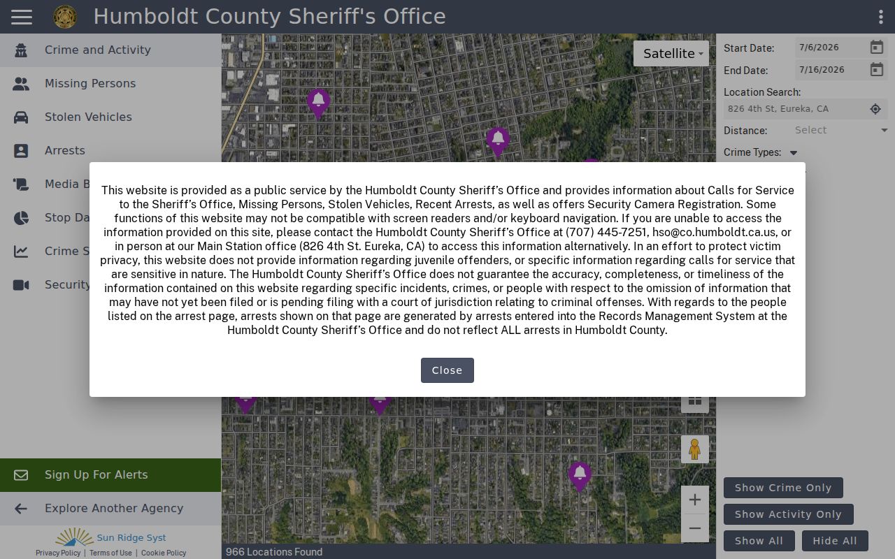 Humboldt County arrest search in the official Citizen RIMS portal
