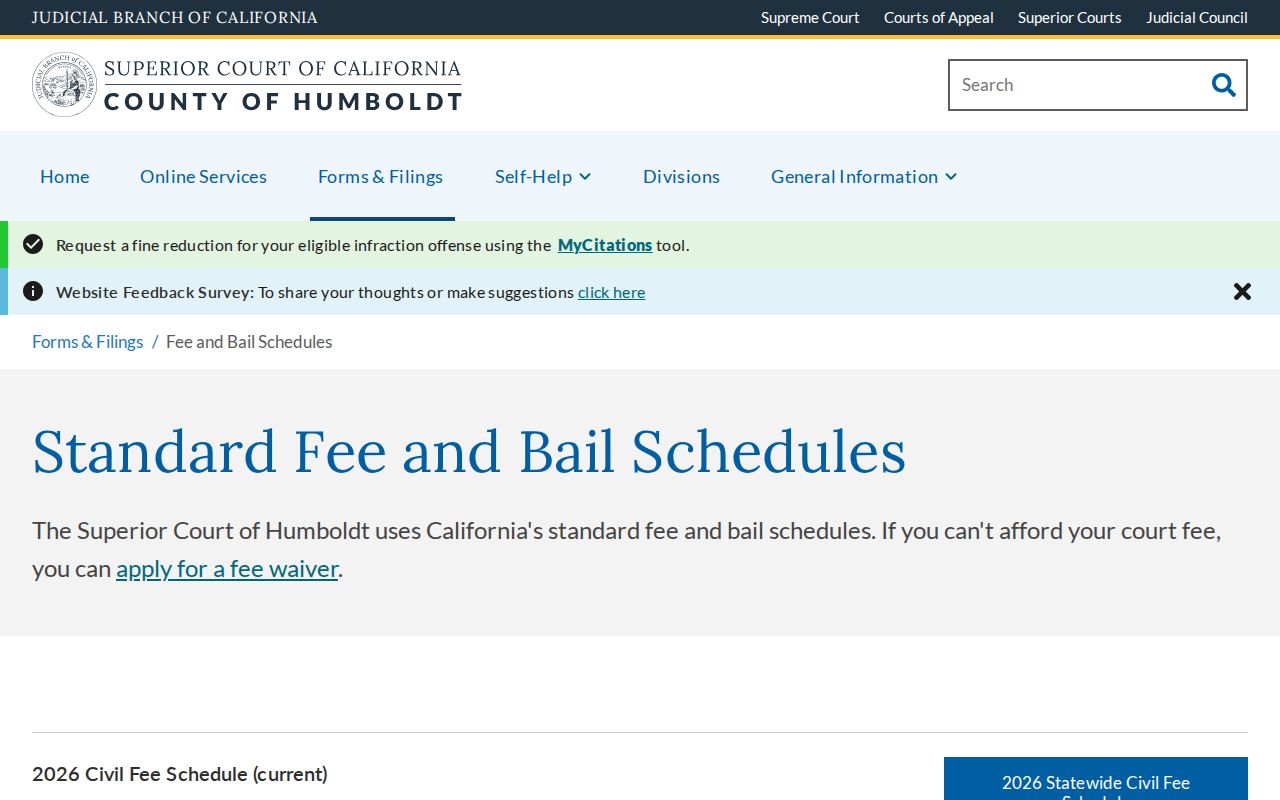 Humboldt County criminal court fee and bail schedules