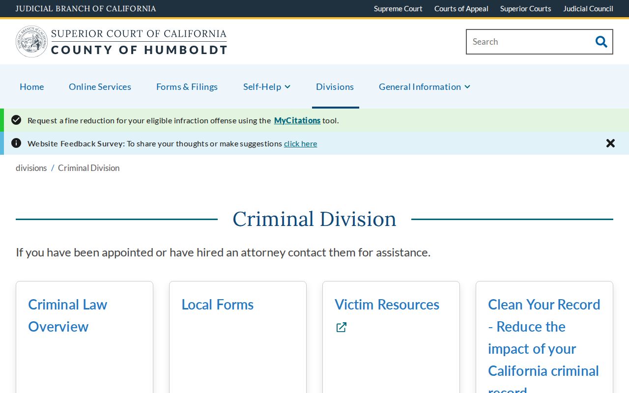 Humboldt County court case lookup Criminal Division page