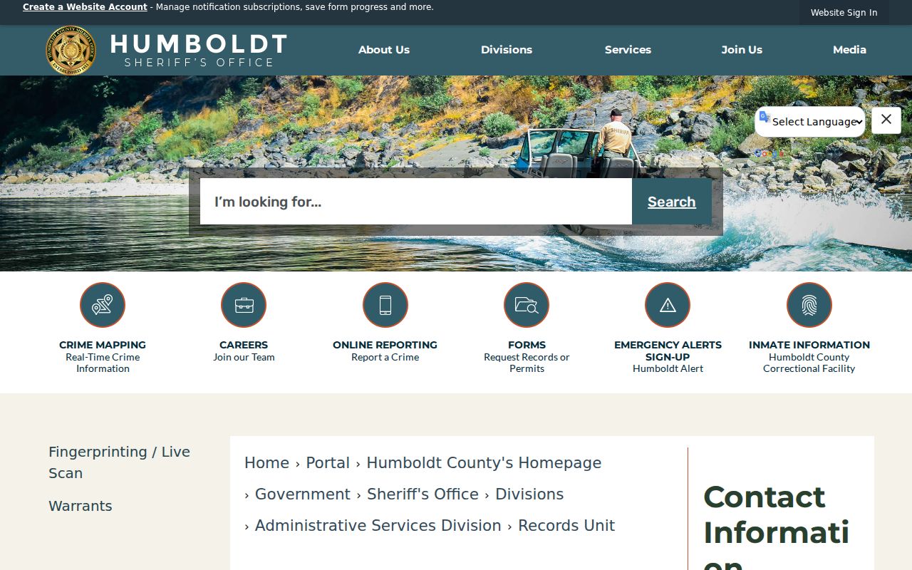 Humboldt Sheriff Records Unit request information