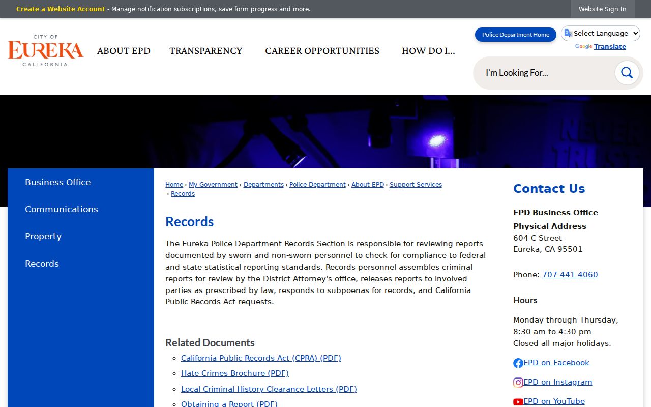 Eureka Police Records Division webpage