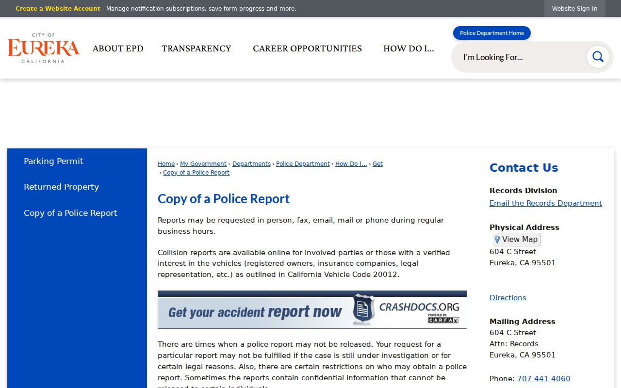 Eureka Police copy of a police report instructions