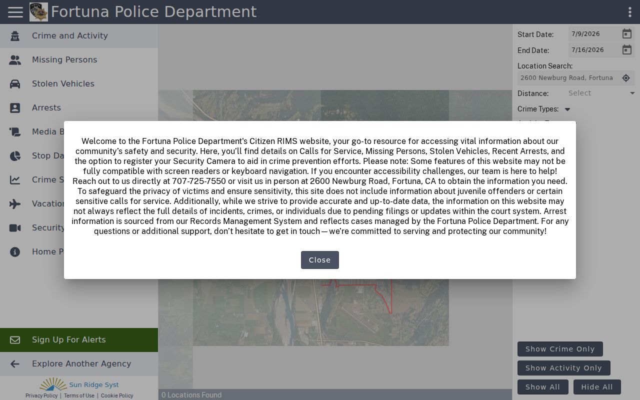 Fortuna Police Citizen RIMS crime and activity portal